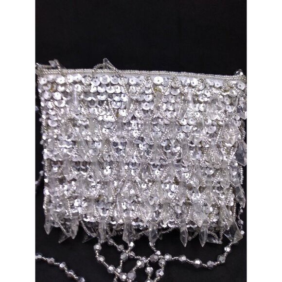 Vtg. La Regale Formal Clear Faux Crystal Bead Silver Gold sequined Hand Bag READ - Picture 7 of 10